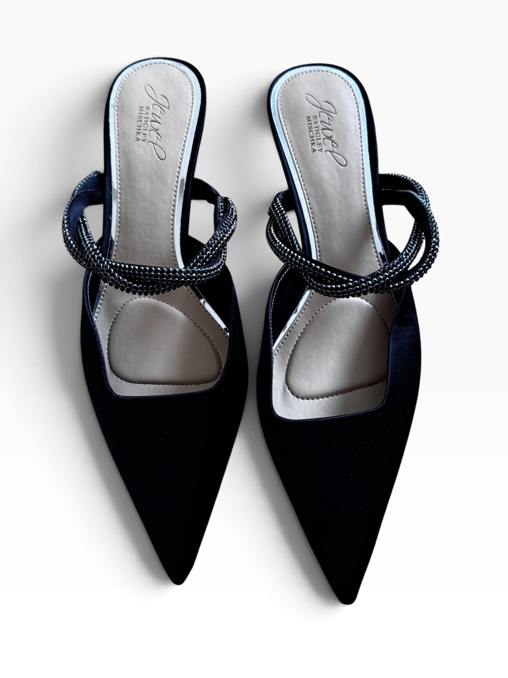 Badgley Mischka Black Satin Pointed Toe Kitty Heel Beaded-Strap Mules Evening 10